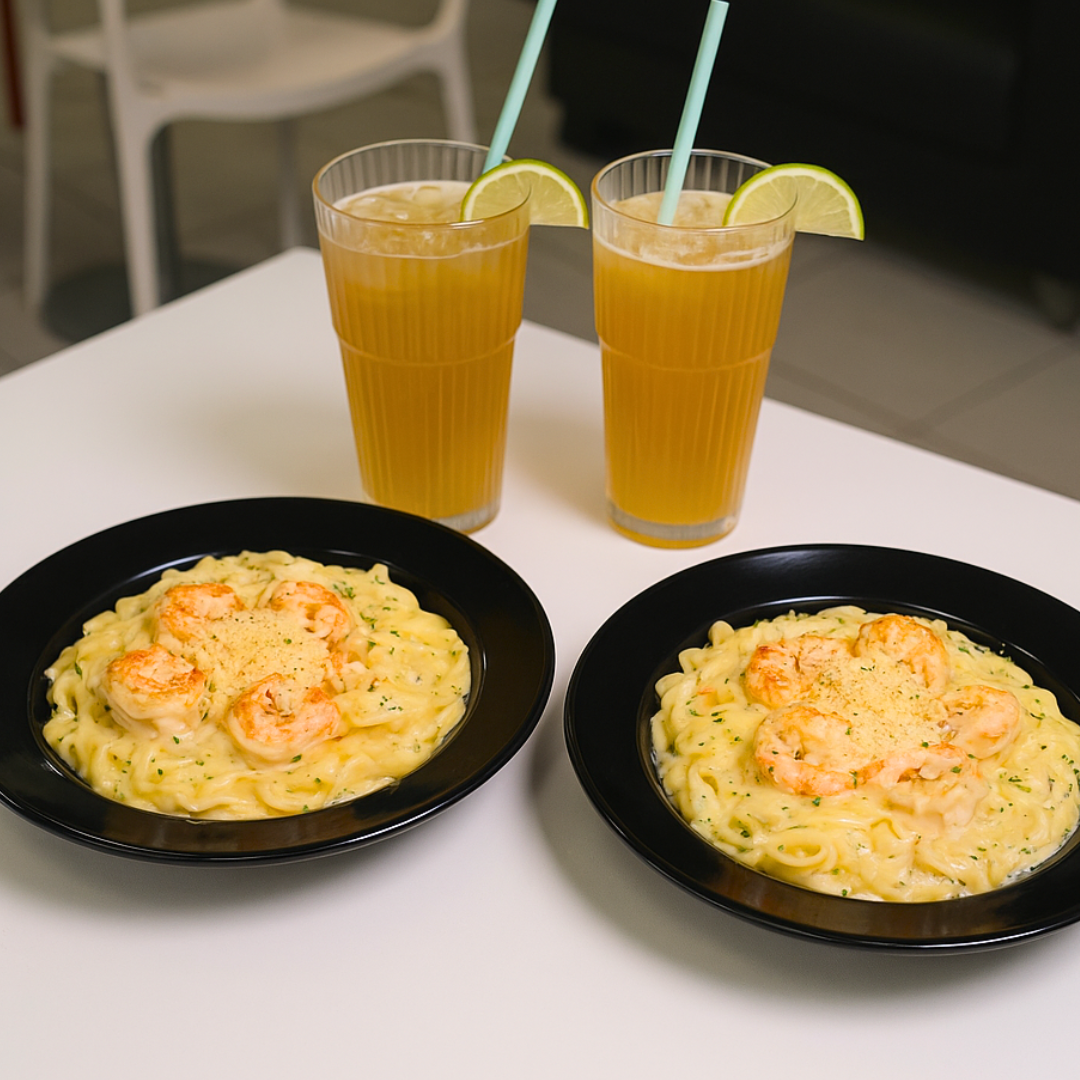 ¡2 Platos de Pasta con Camarones o Salmón + Pan con Ajo y 2 Bebidas por solo $18 en Bear Munchies!