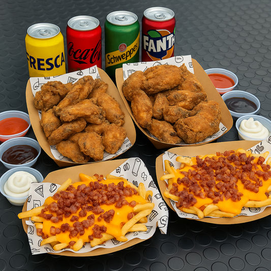 30 Alitas + 2 Bacon Fries + 4 Sodas por solo $20 en Burguezza