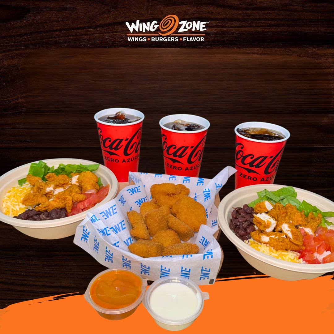 ¡El combo que lo tiene TODO! 2 Bowls, 10 Alitas y 3 Sodas Refill por solo $20 en Wing Zone