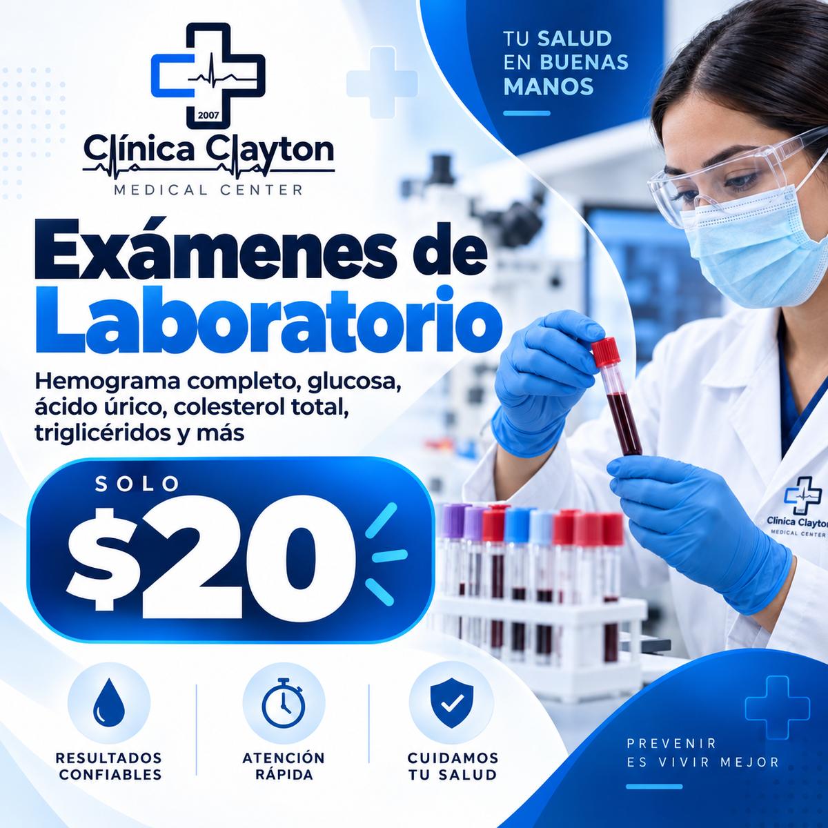 Exámenes de Laboratorio con Hemograma, Glucosa y Perfil Lipídico y más por $20 en Clínica Clayton