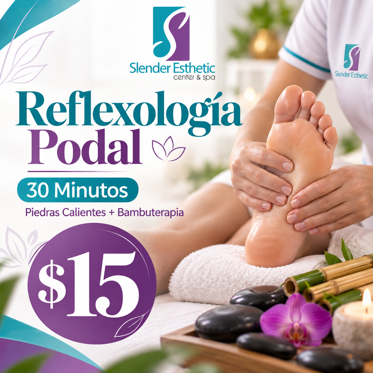 Reflexología Podal de 30 Minutos con Piedras Calientes y Bambuterapia por $15 en Slender Esthetic