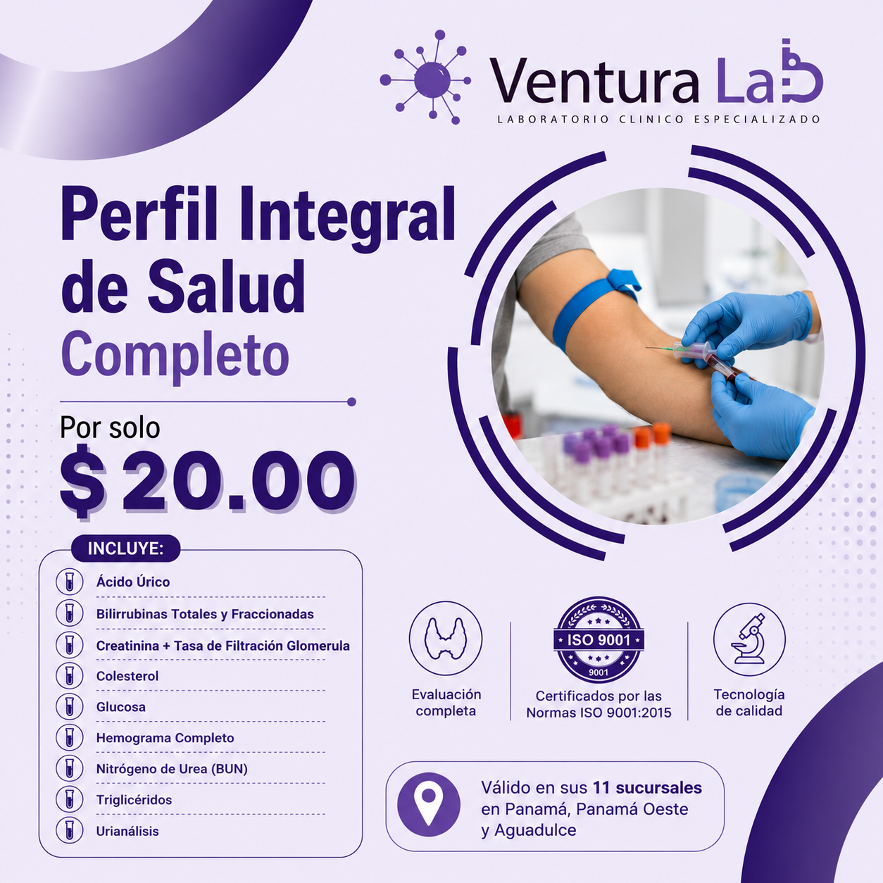Perfil Integral de Salud: Glucosa, Colesterol, Función Renal y más por solo $20 en Ventura Lab