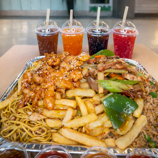 Bandeja de Arroz Frito con Papas Fritas y Chow Mein + Pollo Miel + Puerco Asado + 4 Sodas por $19.50 en Rice Asian Kit-Chin