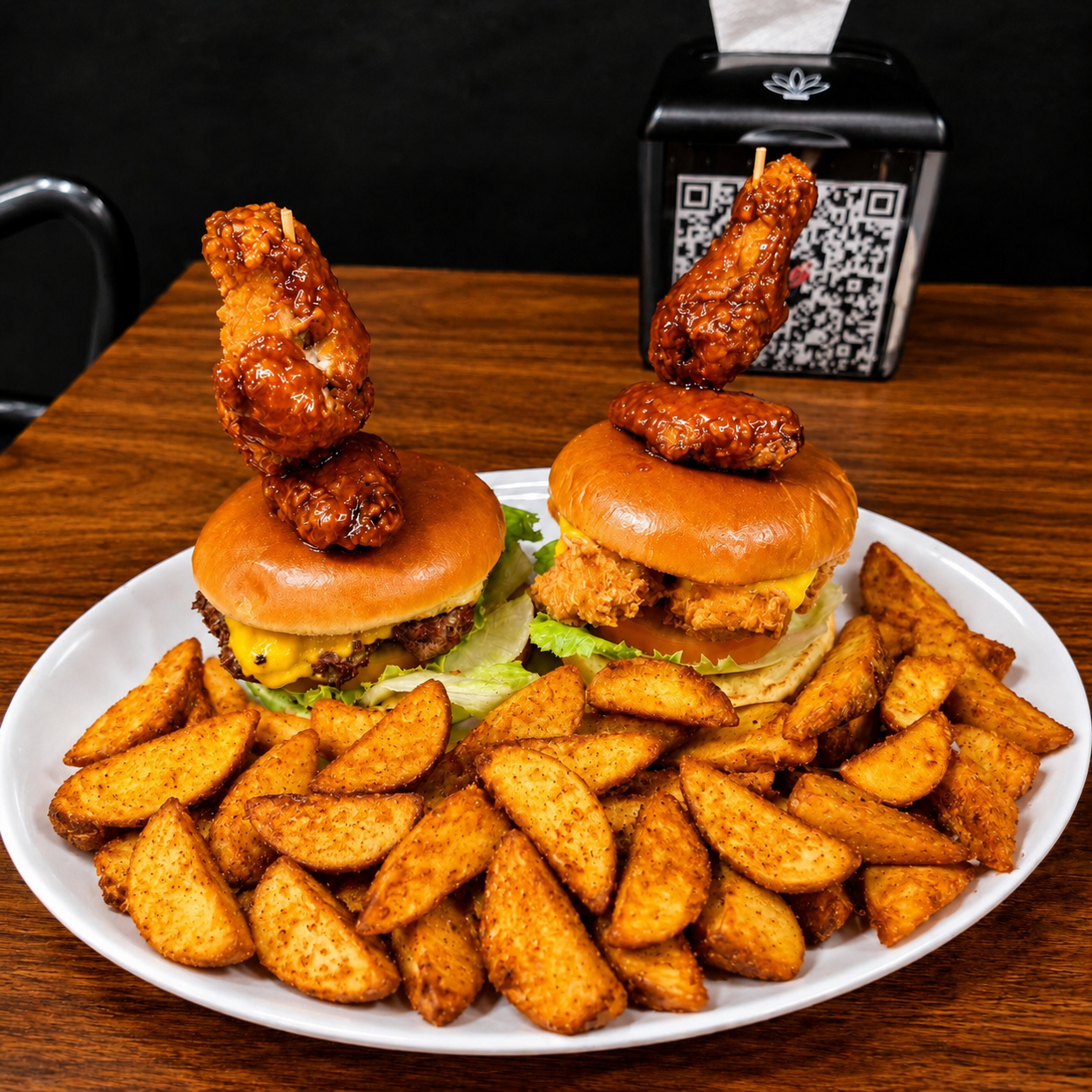 2 Wing Burgers + Papas Wedge + 2 Bebidas por solo $15 en Alitas Salvajes Pub