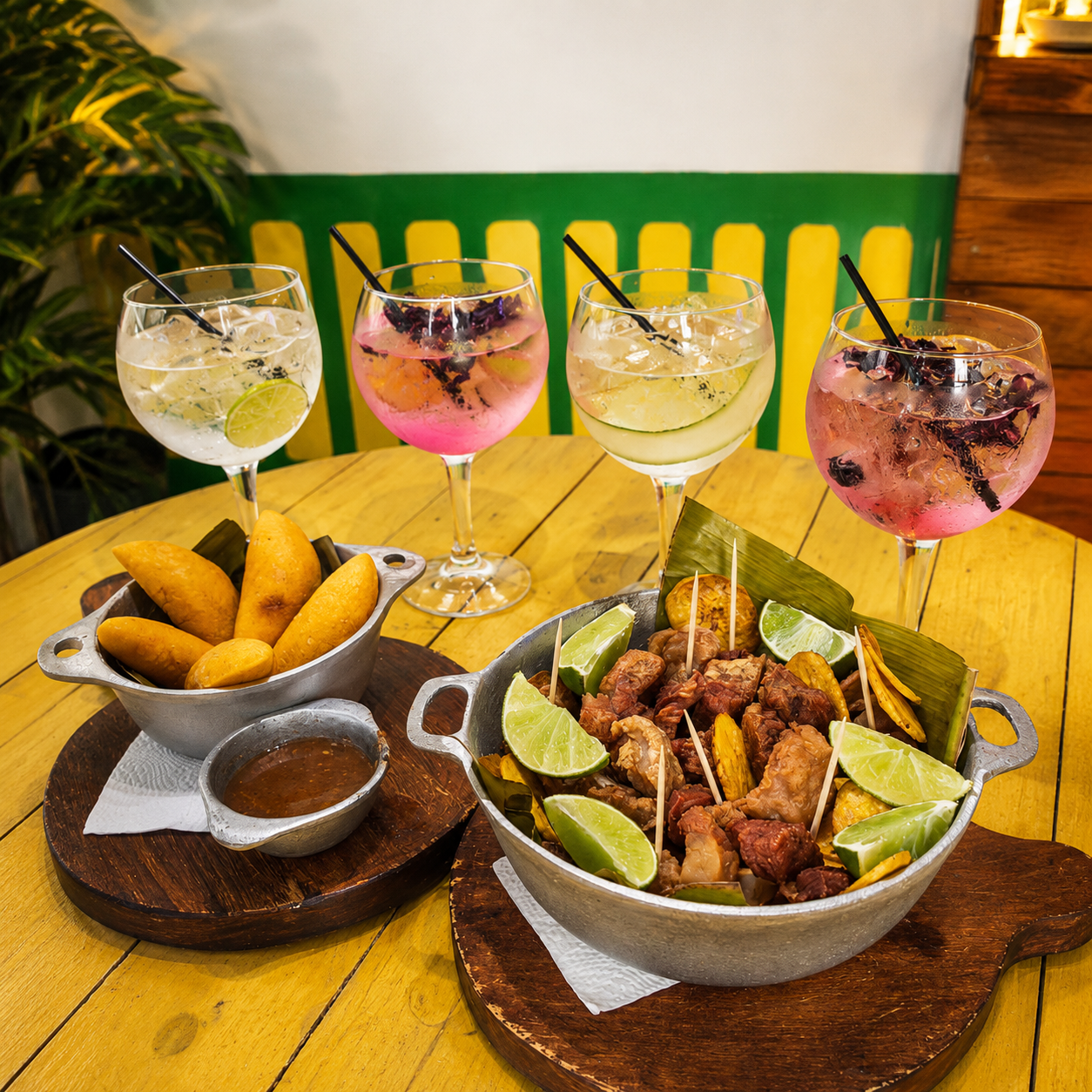 4 Gin Tonics o Sangrías + Cazuela de Chicharrones y 5 Empanaditas por solo $15 en Locombia