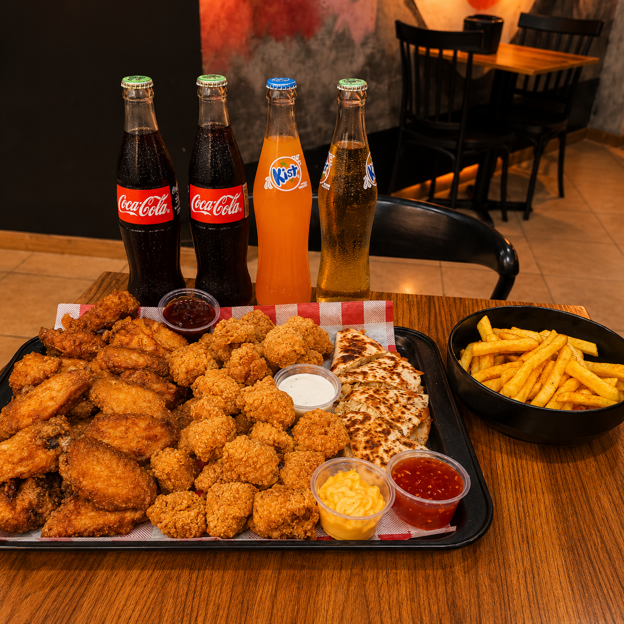 Family Pack: 25 Alitas + 25 Boneless + Quesadilla + Papas + 4 Bebidas por $30 en Alitas Salvajes Pub