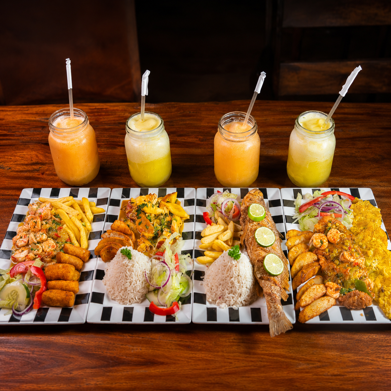 2 Ceviches Mixtos + 4 Platos de Mariscos y 4 Jugos Frozen por $24 en El Barrilazo