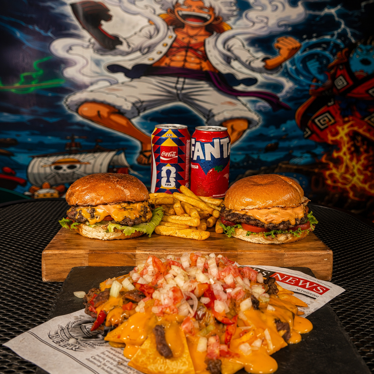 2 Burgers Ronoroa Zoro con Papas + Nachos y 2 Sodas por solo $16.99 en La Cueva del Yonkou - Chiriquí