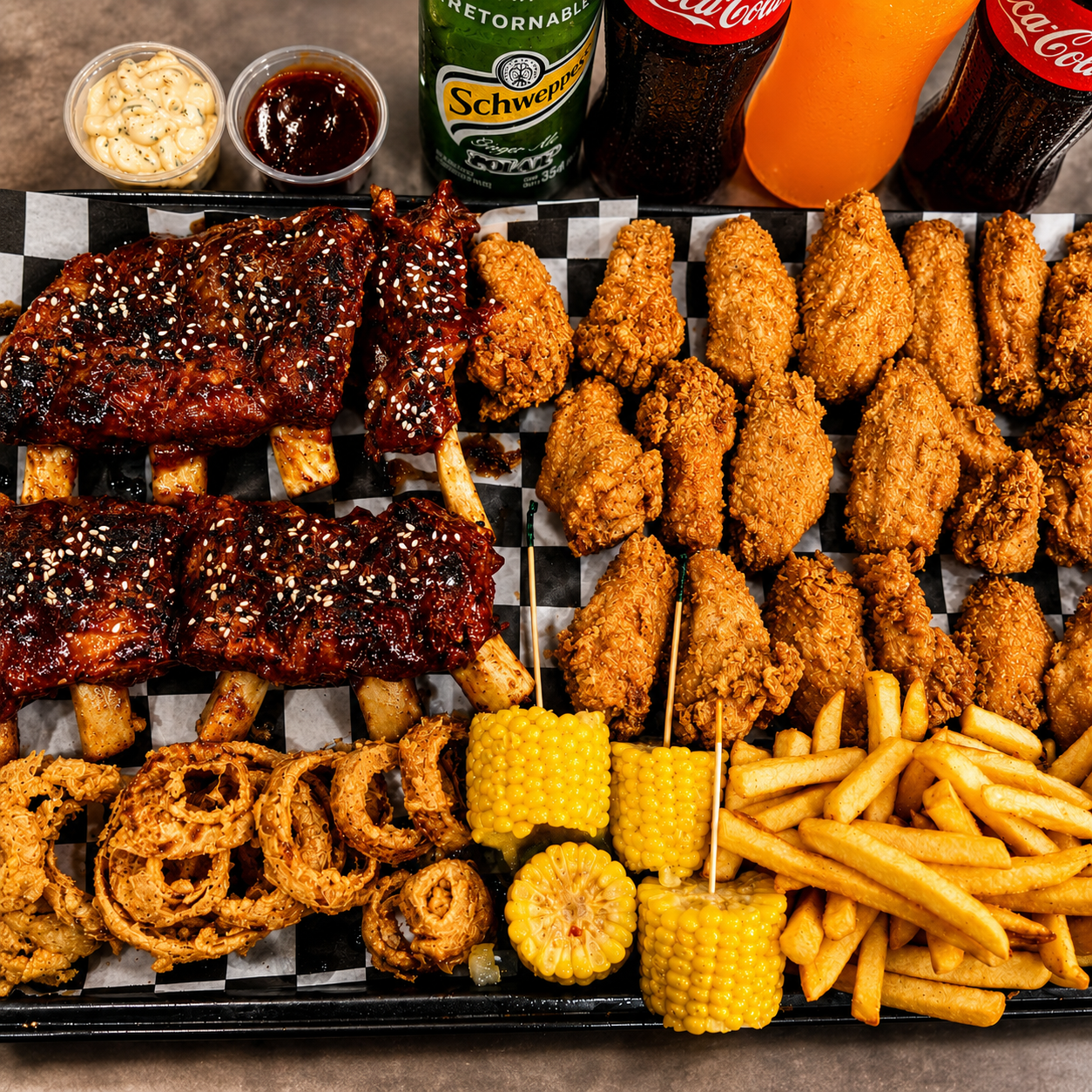 Costillas BBQ, Alitas, Aros de cebolla, Papas fritas y 4 Bebidas por $30 en Alitas Salvajes Pub