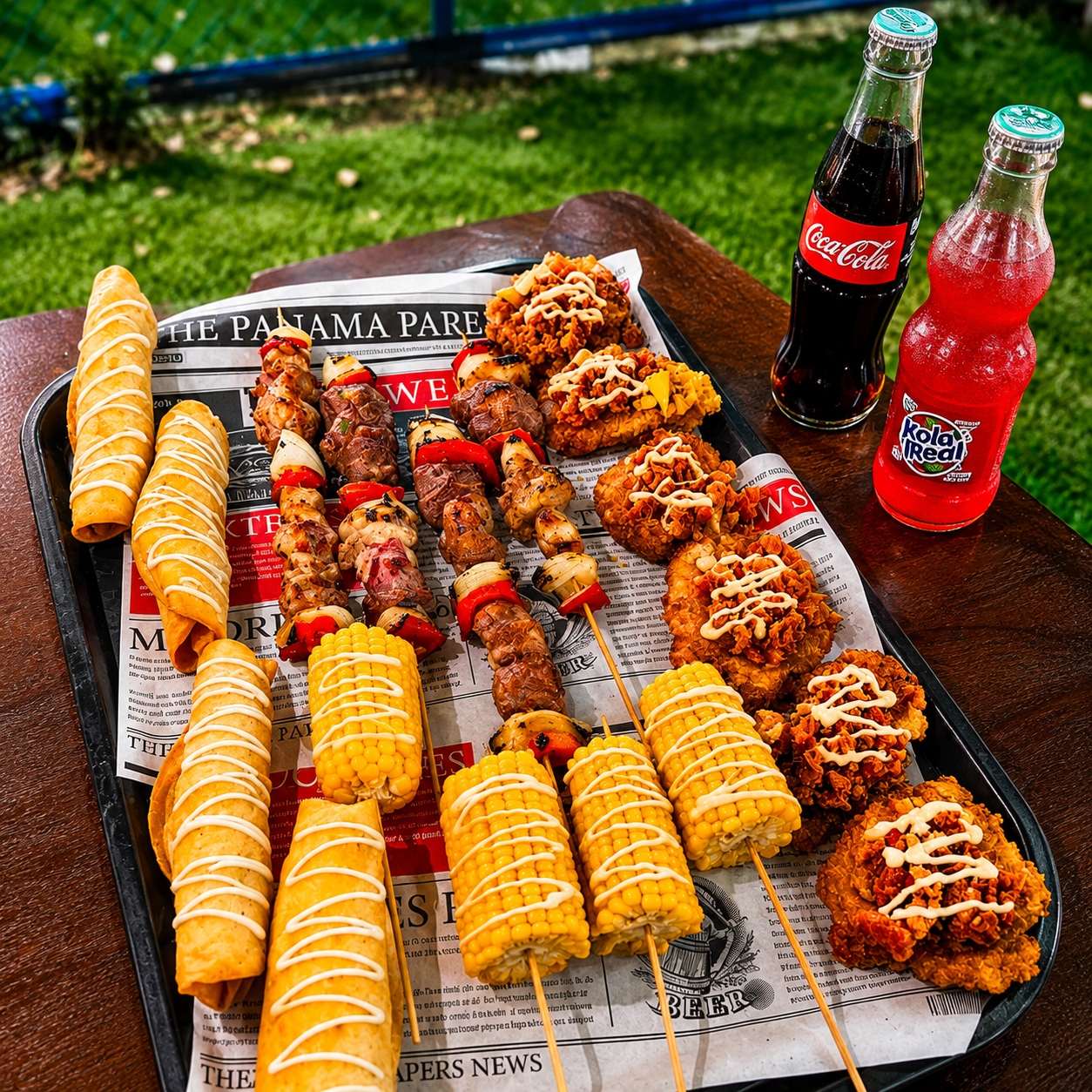 4 Flautas de Pollo + 4 Mazorcas + 4 Brochetas Mixtas + 6 Patacones Rellenos + 2 Sodas por $15 en Bokattos