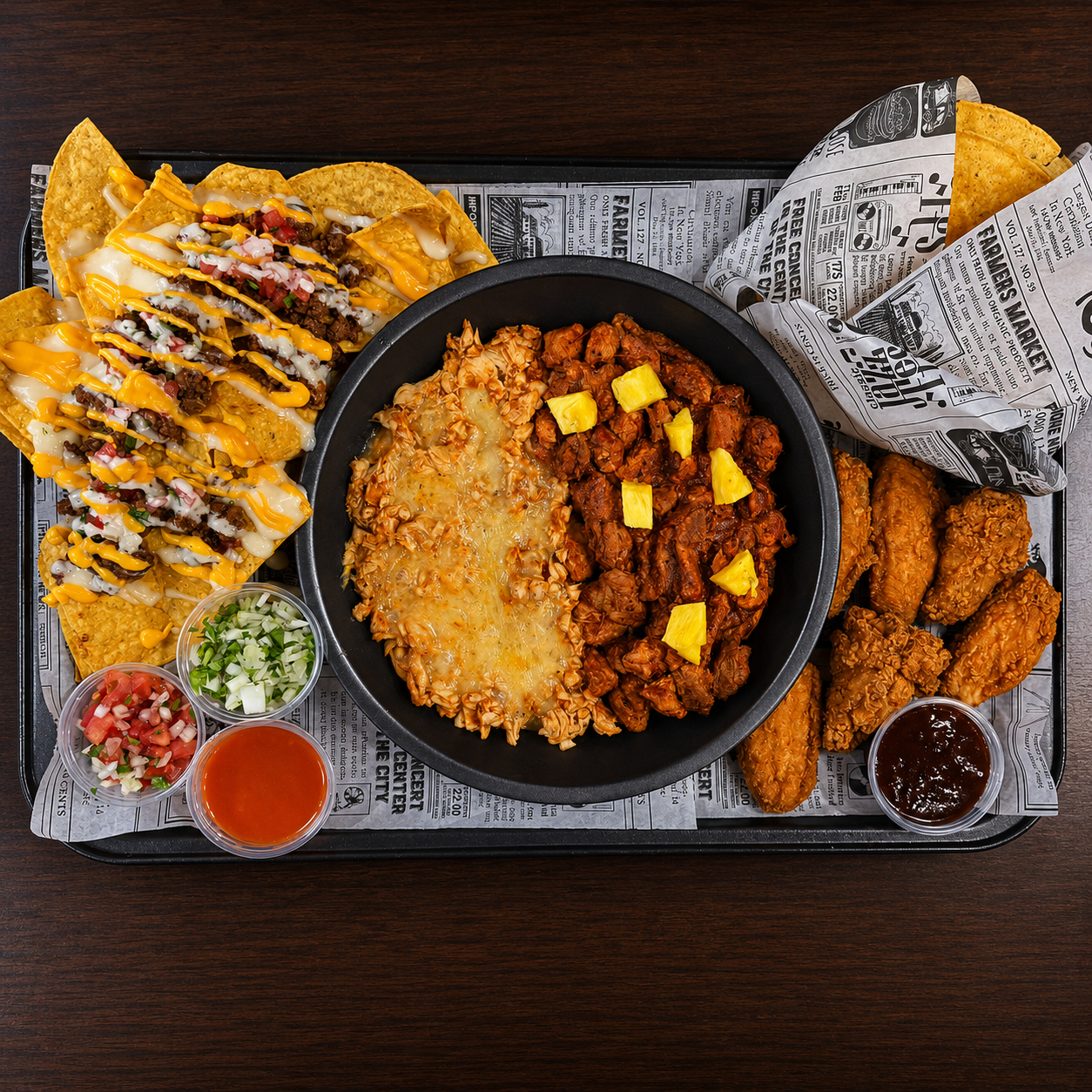 Bandeja para 2 con Tacos, Alitas, Nachos y 2 Bebidas por solo $18 en Alitas Salvajes Pub