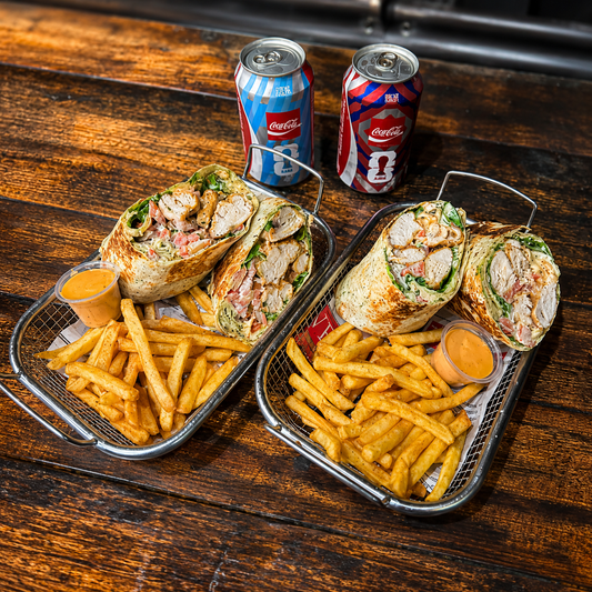 2 Wraps de Pollo Frito con Papas y Queso Cheddar + 2 Bebidas por solo $10 en Chef Pepin