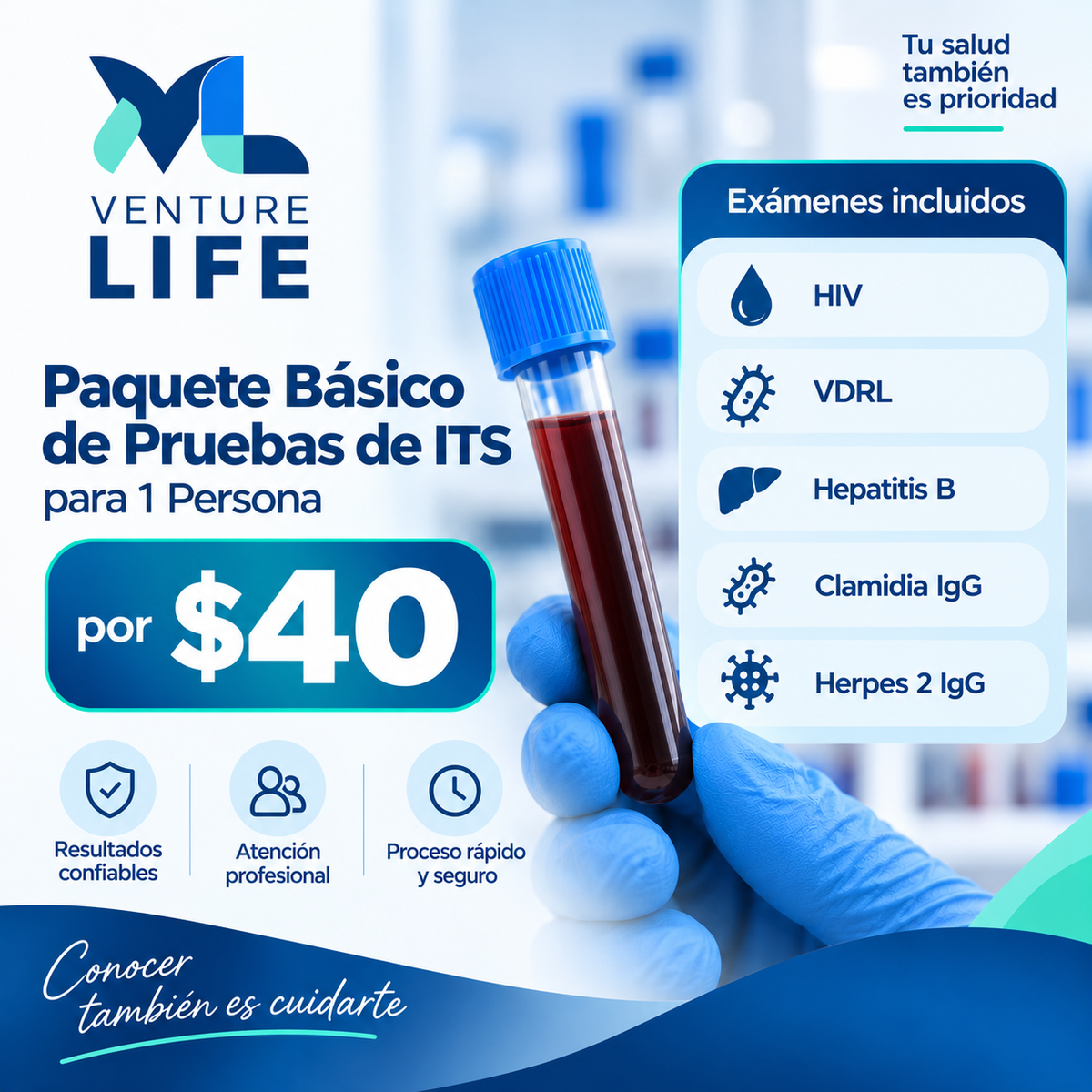 Paquete Básico de Pruebas de ITS para 1 Persona por $40 en Venture Life