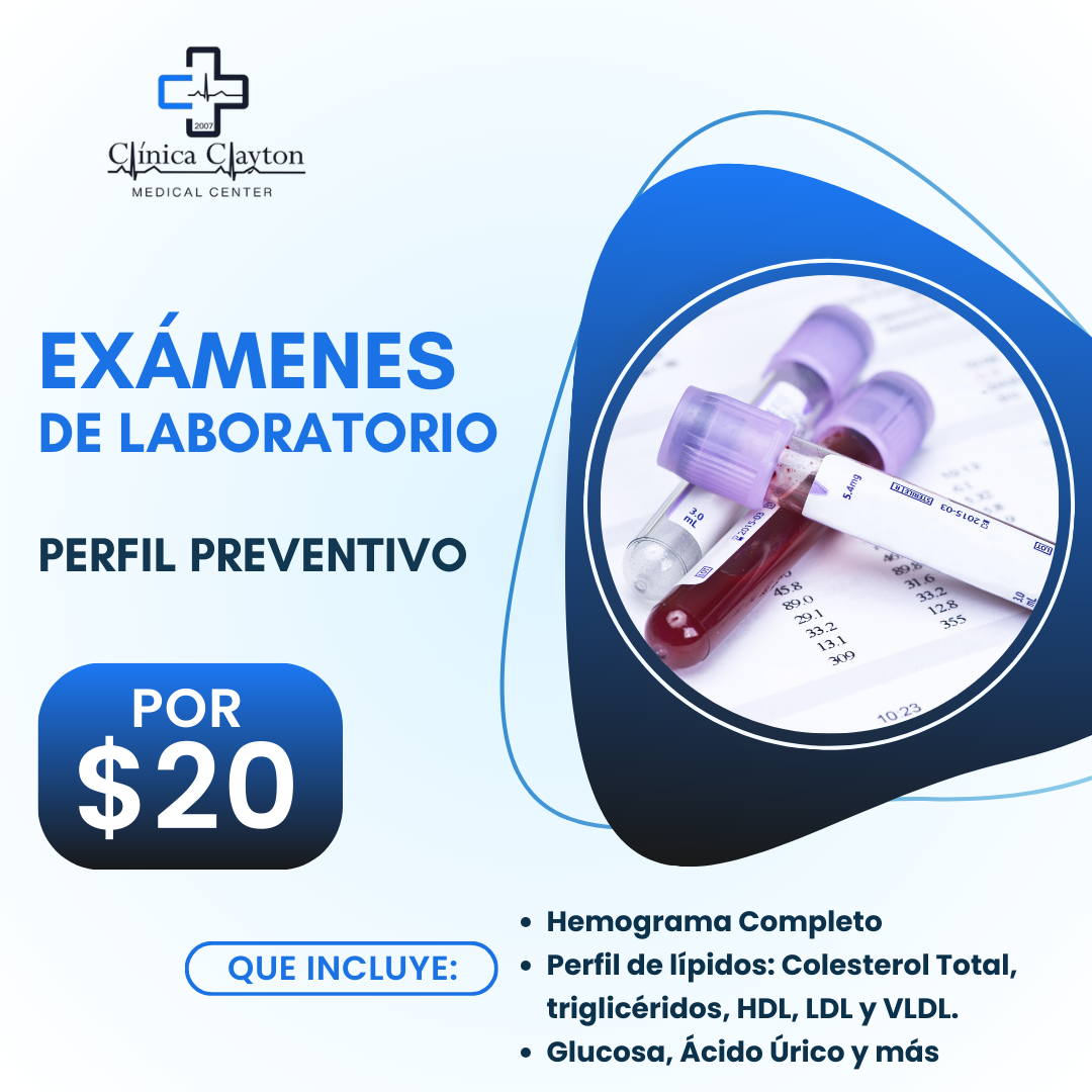 Exámenes de Laboratorio de Perfil Preventivo (Hemograma Completo, Glucosa, Acido Úrico, Colesterol Total, Triglicéridos y más) por $20 en Clínica Clayton