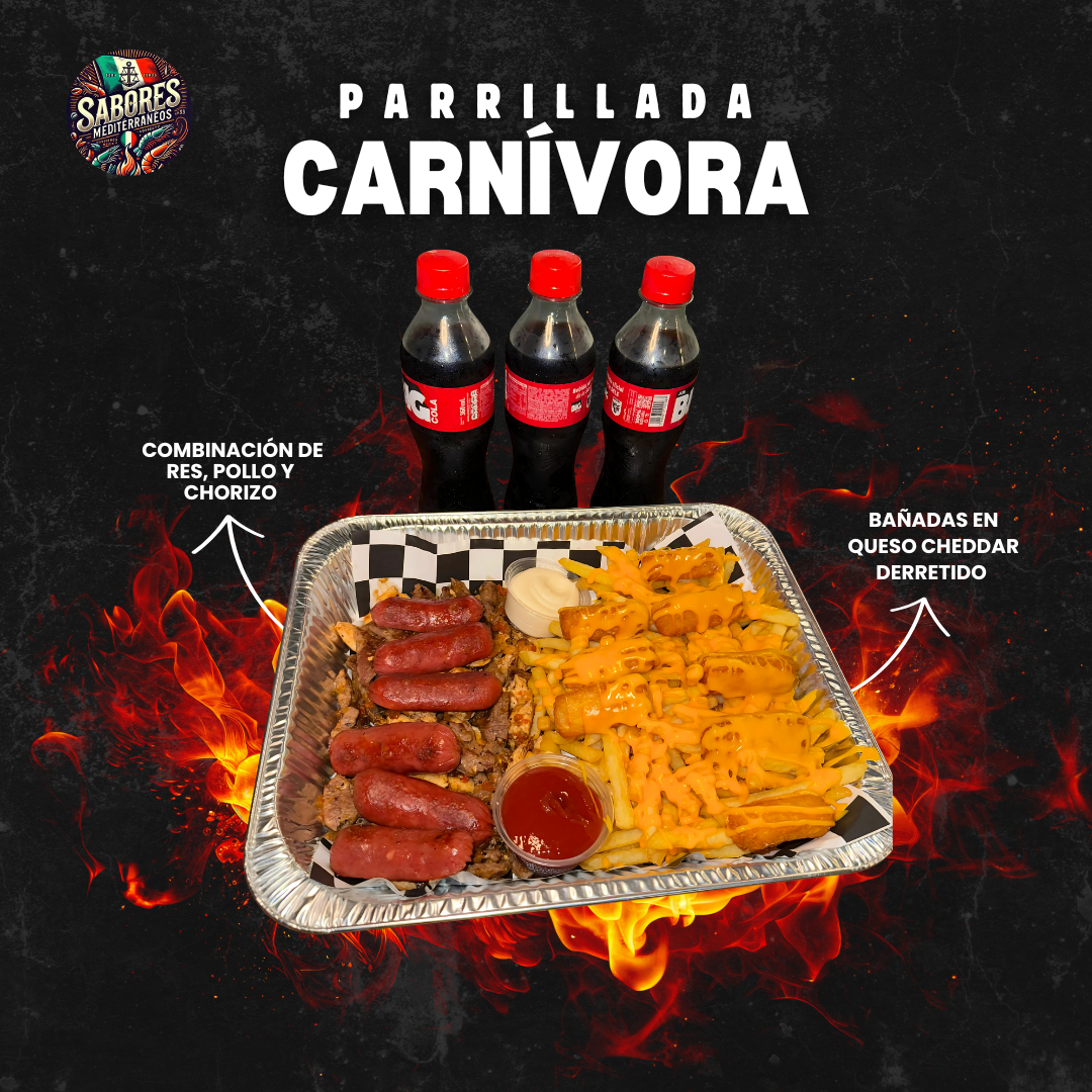 Parrillada Carnívora Familiar + Papas y Yuca Fritas Bañadas en Queso Fundido + 3 Bebidas por $18 en Sabores Mediterráneos
