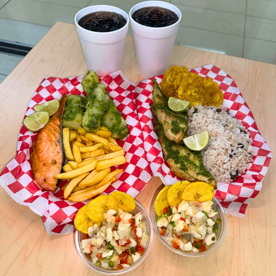 2 Platos Fuertes (Salmón y Filete) + 2 Entradas de Ceviche + 2 Bebidas por $15 en Pescao y Limón.