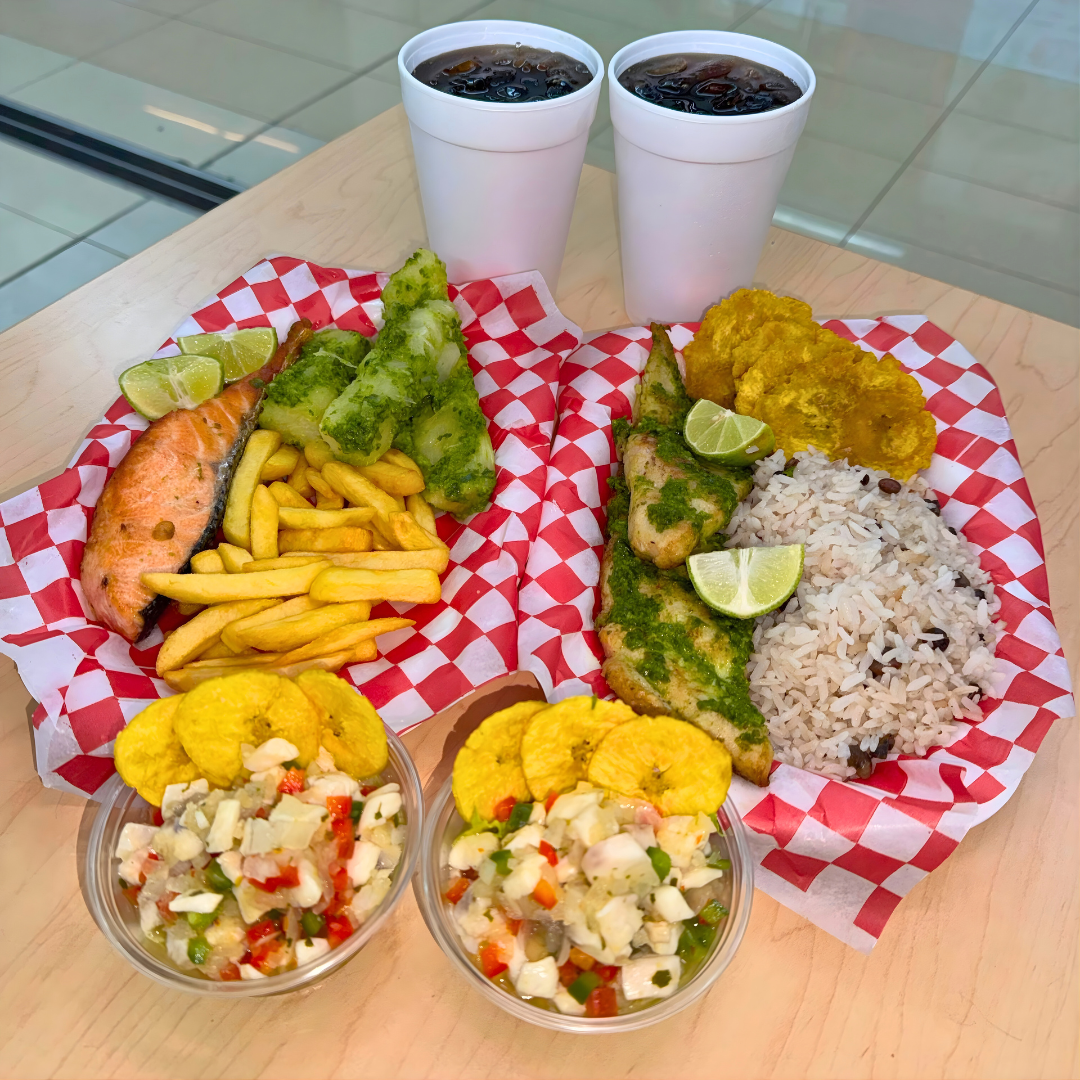 2 Platos Fuertes (Salmón y Filete) + 2 Entradas de Ceviche + 2 Bebidas por $15 en Pescao y Limón.