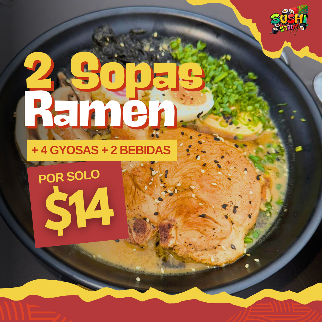 2 Sopas Ramen de Puerco o Pollo + Entrada de Gyozas + 2 Bebidas por $14 en Sushi Street