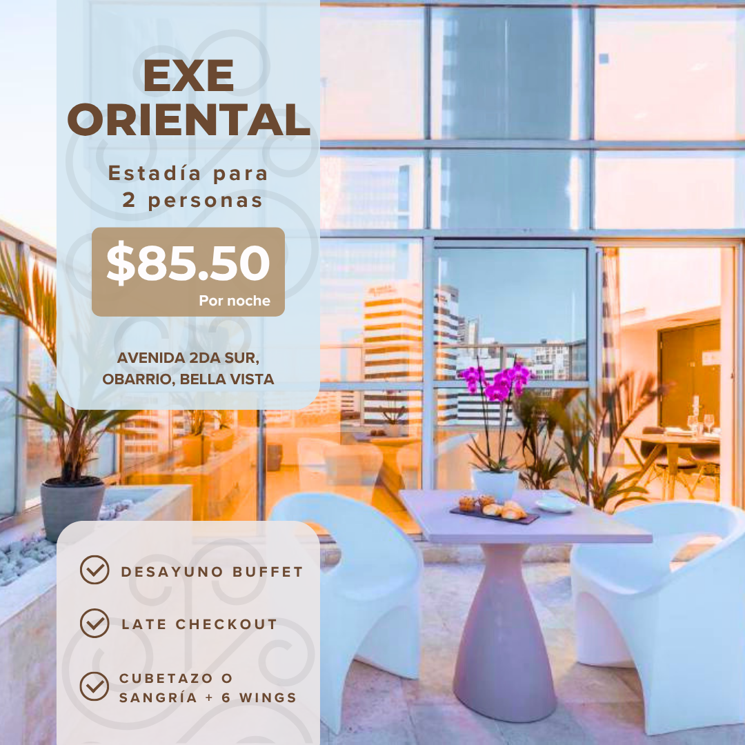 Estadía Deluxe para 2 personas con Desayuno Buffet + Late Check-Out + Alitas y Bebidas por $85.50 en Hotel Exe Oriental