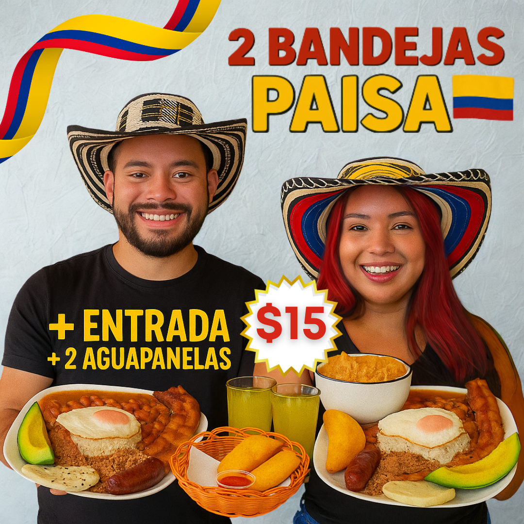 2 Bandejas Paisa + Entrada de Empanadas + 2 Bebidas por $15 en Delicias del Fogón Latino