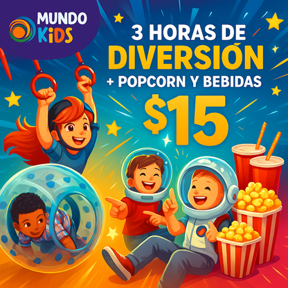 3 Horas de Juego + 2 Popcorn + 2 Bebidas para 2 niños por $15 en Mundo Kids