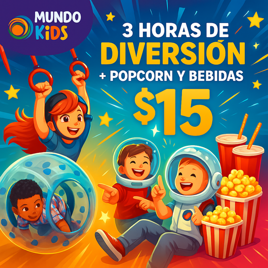 3 Horas de Juego + 2 Popcorn + 2 Bebidas para 2 niños por $15 en Mundo Kids