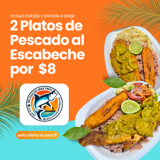 2 Pescados Enteros o Filetes + 1 Entrada + 2 Sodas por $8 en Delicias del Mar y Más
