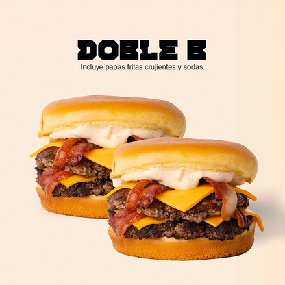 2 Burgers DOBLE B + 2 Papas Fritas + 2 Sodas por solo $16 en BunzBite