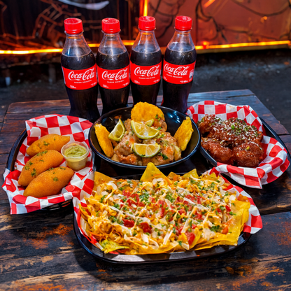 Combo de Alitas + Empanadas + Wanton Nachos + Barritas Energéticas para Compartir + 4 Sodas por $18 en Ají Chombo Pty