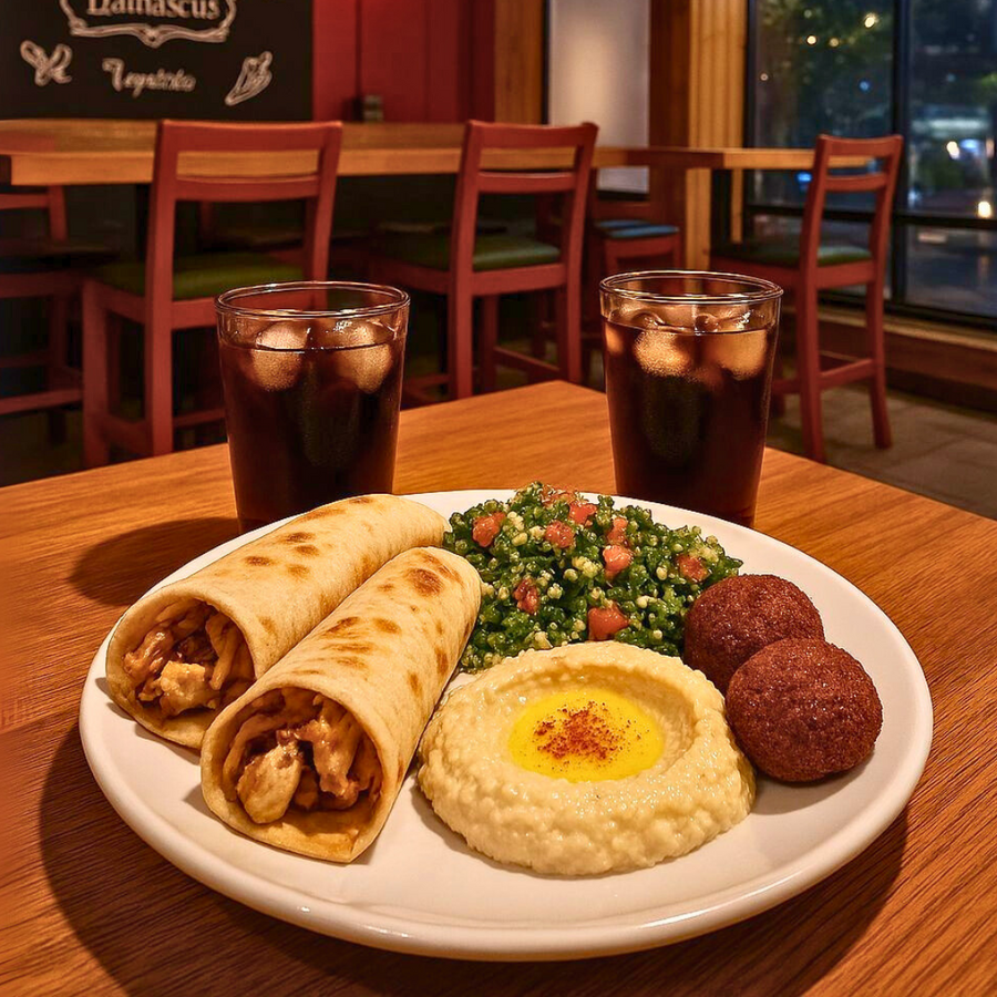 2 Shawarmas de Pollo + Hummus + 2 Falafel + Tabulé + 2 Sodas o Cervezas por $15