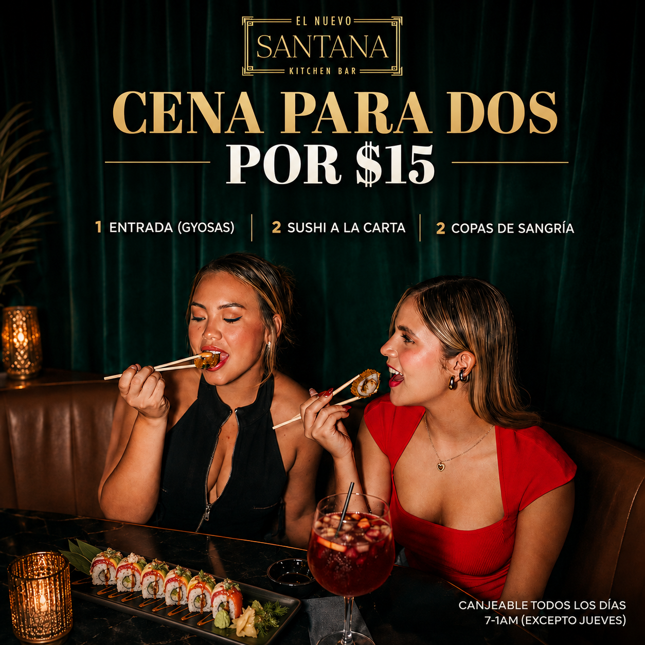 2 Sushi Premium del menú + 1 Entrada + 2 Copas de Sangría o 2 Copas de Helado por $15 en El Nuevo Santana