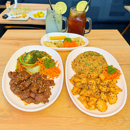 Combo de 2 Teppanyaki de Pollo o Carne + Entrada para Compartir + 2 Bebidas por $18.99 en Sushi Market