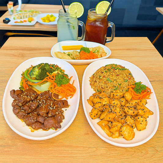 Combo de 2 Teppanyaki de Pollo o Carne + Entrada para Compartir + 2 Bebidas por $18.99 en Sushi Market