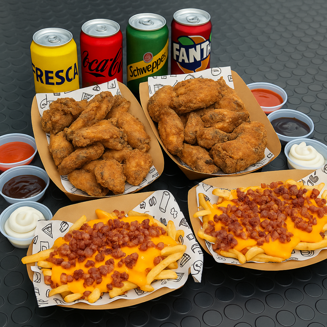 30 Alitas + 2 Bacon Fries + 4 Sodas por solo $20 en Burguezza