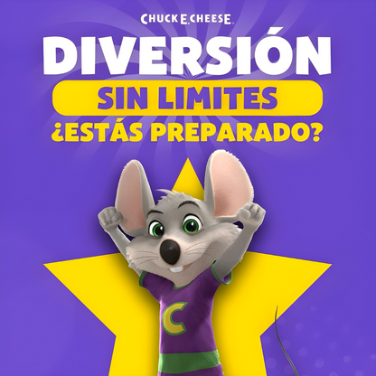 2 Horas de Juegos Ilimitado para 2 personas + 1 Pizza Regular + 40% Off en HBD por $15 en Chuck E. Cheese's de Multiplaza