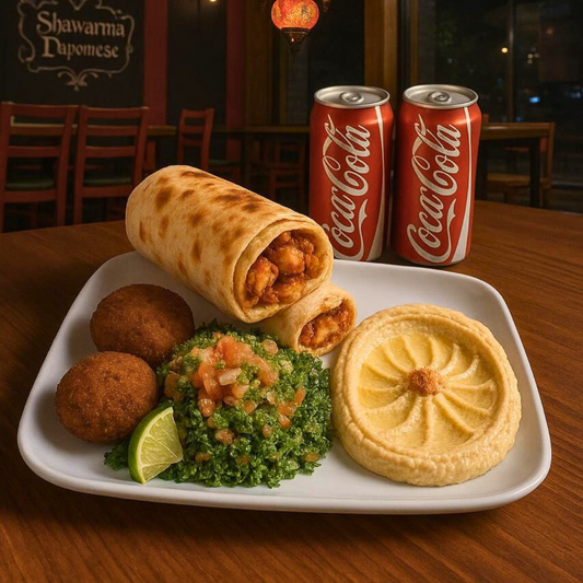 2 Shawarmas de Pollo + Hummus + 2 Falafel + Tabulé + 2 Sodas o Cervezas por $15 en Shawarma Damasco