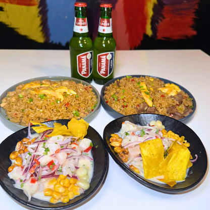 2 Ceviche Peruanos + 2 Platos Fuertes + 2 Bebidas por $14 en Ají Carajo