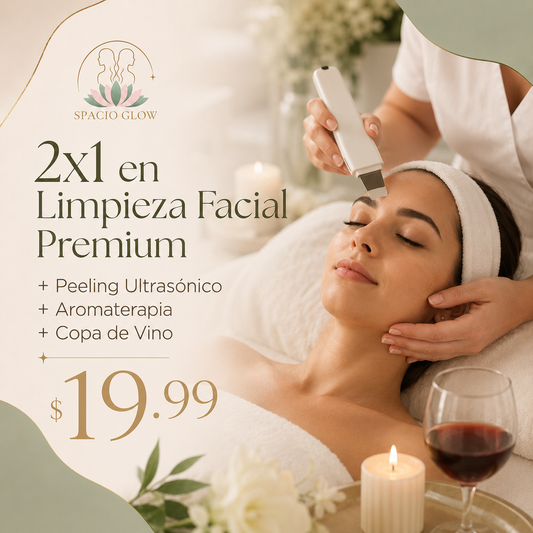 2x1 en Limpieza Facial Premium + Peeling Ultrasónico + Aromaterapia + Copa de Vino por solo $19.99 en Spacio Glow