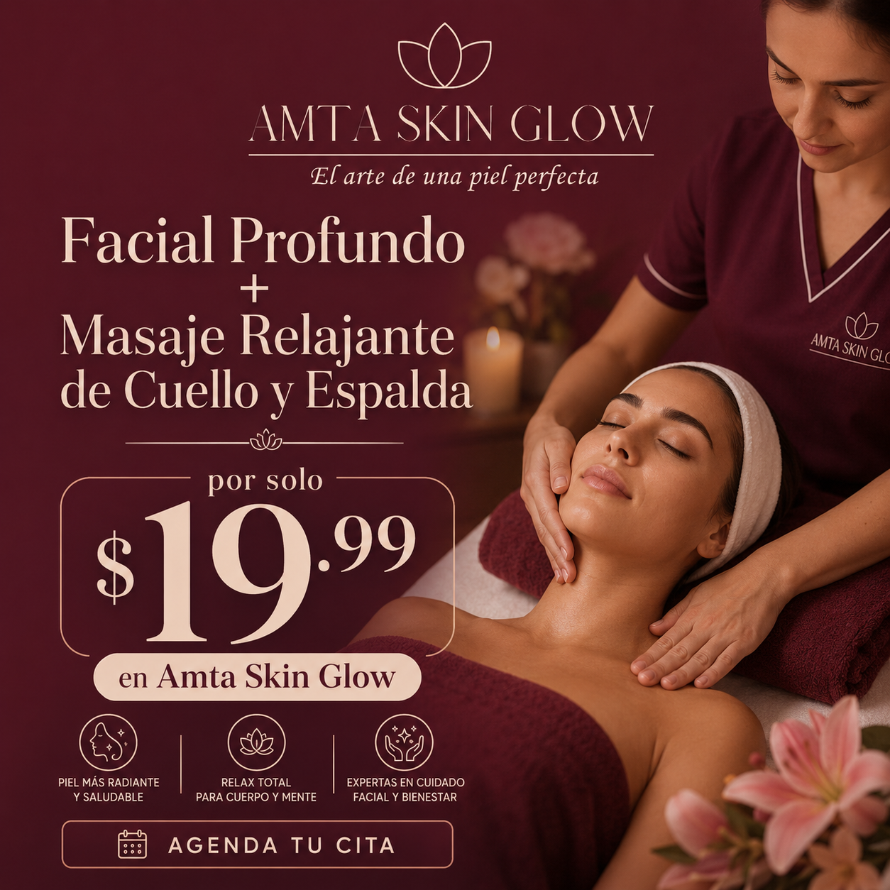 Facial Profundo + Masaje Relajante de Cuello y Espalda por solo $19.99 en Amta Skin Glow