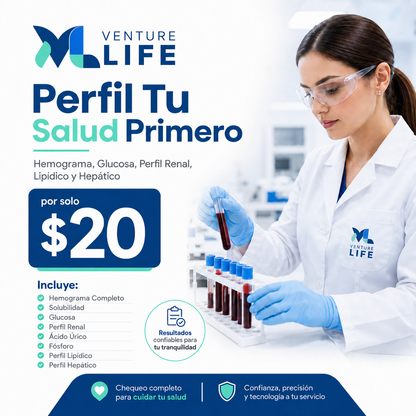 Perfil “Tu Salud Primero” con Hemograma, Glucosa, Perfil Renal, Lipídico y Hepático por $20 en Venture Life