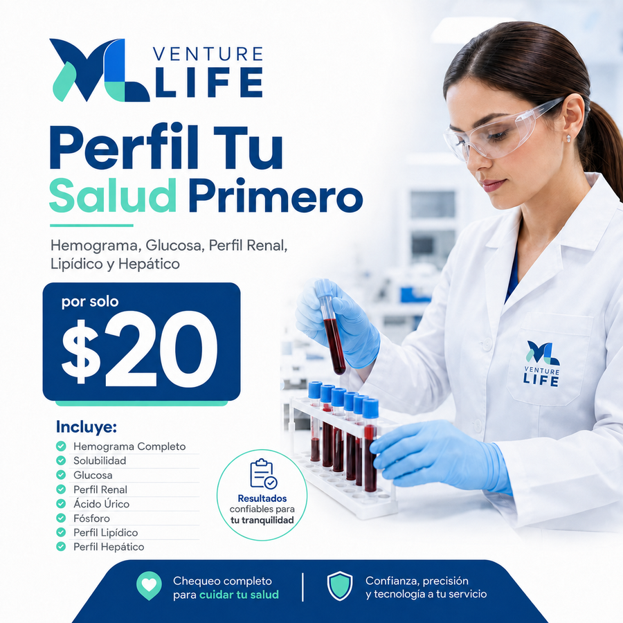 Perfil "Tu Salud Primero" con Hemograma, Glucosa, Perfil Renal, Lipídico y Hepático por $20 en Venture Life