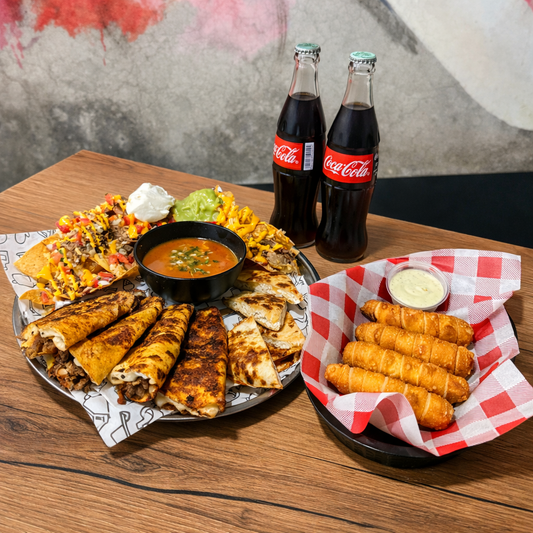 Quesabirrias + Quesadillas + Nachos + Tequeños + 2 Bebidas por solo $20 en Alitas Salvajes Pub