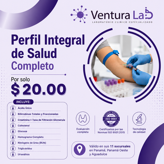 Perfil Integral de Salud: Glucosa, Colesterol, Función Renal y más por solo $20 en Ventura Lab