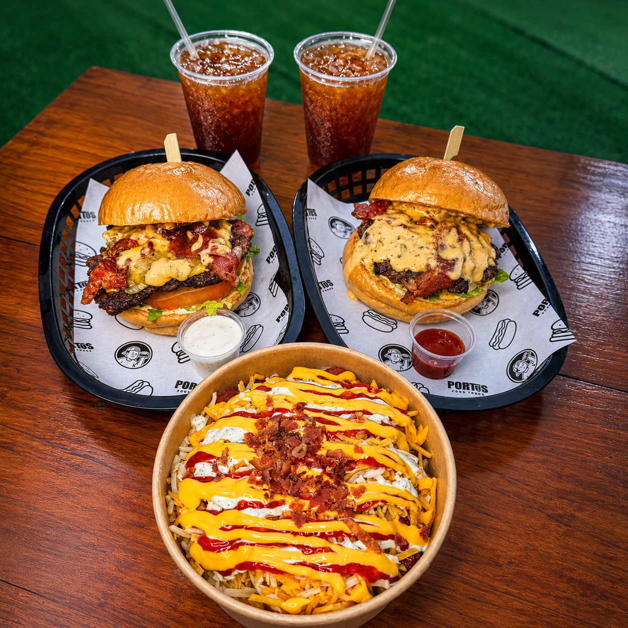 2 Burgers Americanas + Salchipapa + 2 Té Frío por solo $12 en Portus Food Truck