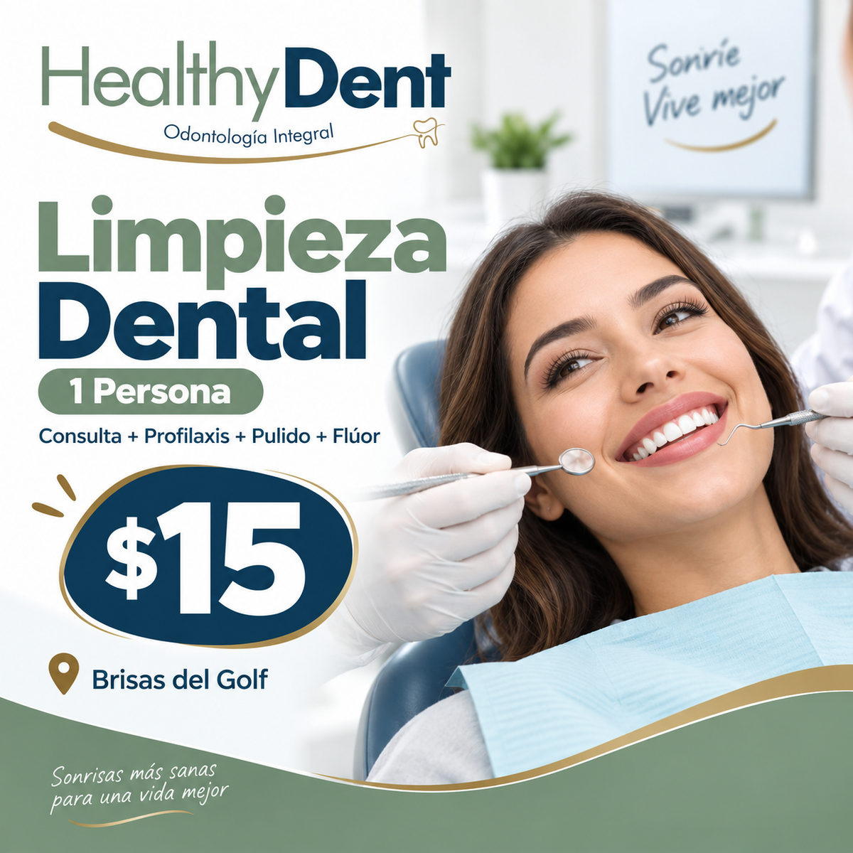 Limpieza Dental con Consulta + Profilaxis + Pulido y Flúor por $15 en HealthyDent - Brisas del Golf