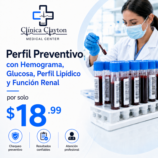 Perfil Preventivo Hemograma, Glucosa, Perfil Lipídico y Función Renal por solo $18.99 en Clínica Clayton