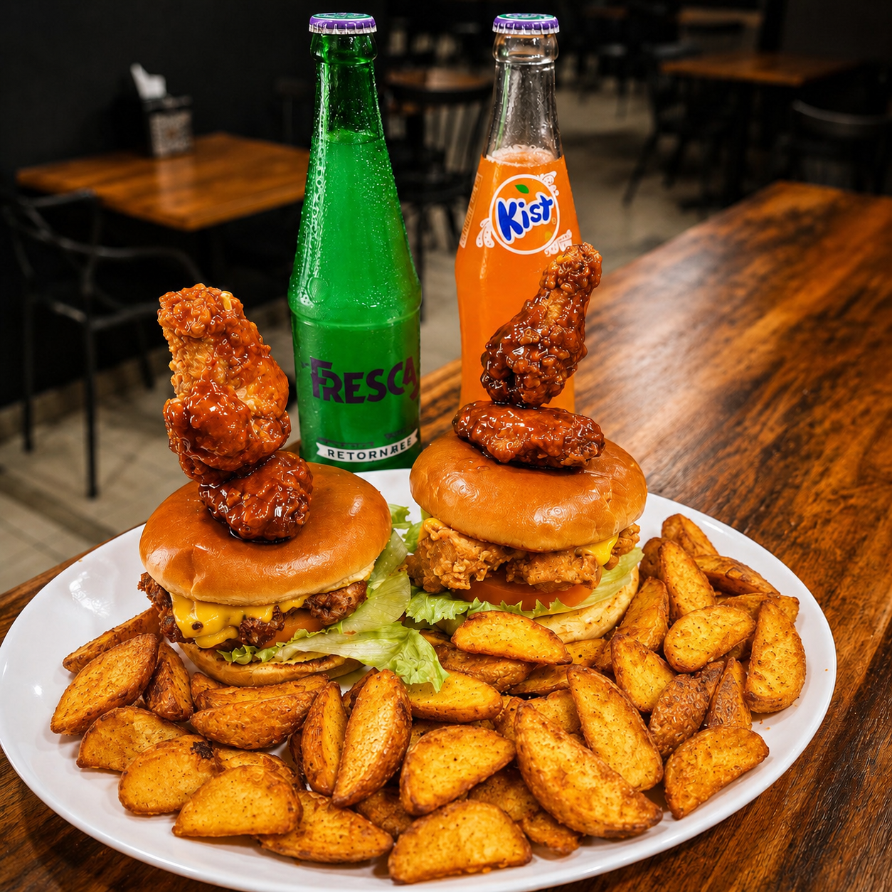 2 Wing Burgers + Papas Wedge + 2 Bebidas por solo $15 en Alitas Salvajes Pub