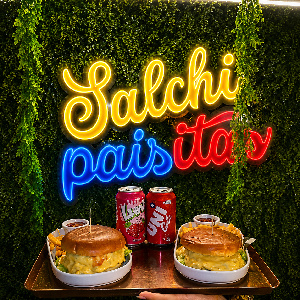 2 Burgers Clásicas + 2 Ordenes de Papas Fritas + 2 Sodas por solo $10 en Salchipaisitas