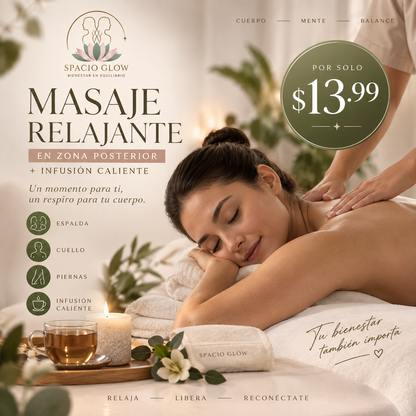 Masaje Relajante en Zona Posterior + Infusión Caliente por $13.99 en Spacio Glow