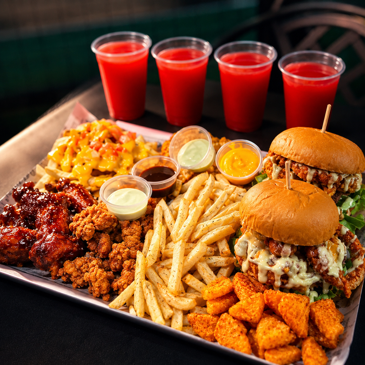 2 Burgers Cargadas + 4 Acompañantes, Alitas, Chicken Pops y 4 Bebidas por solo $18 en Crazy Cheese - Chiriquí